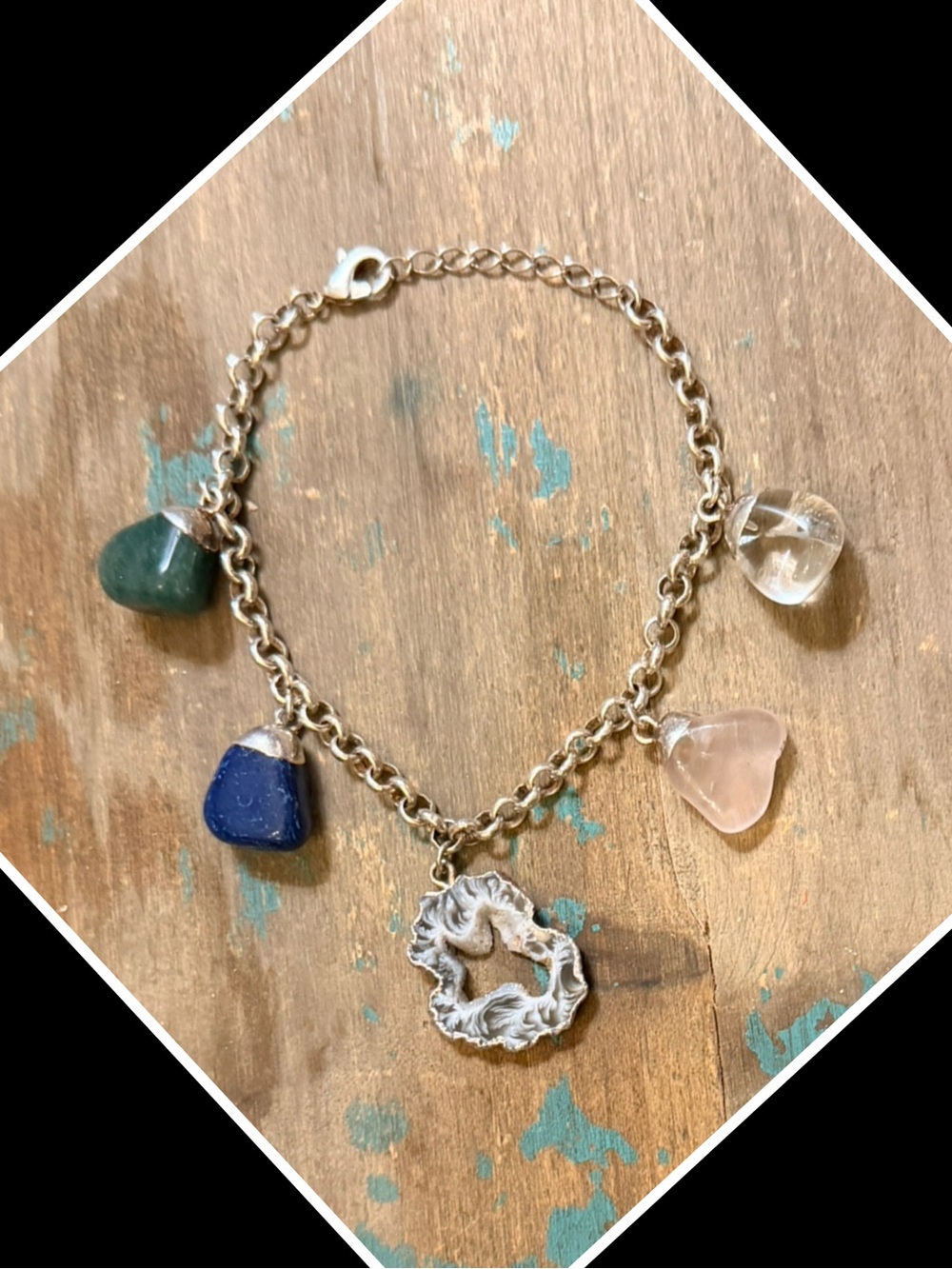 Boho Silver-Tone Charm Bracelet with Faux Gemstone Charms - Green Blue Pink Clea